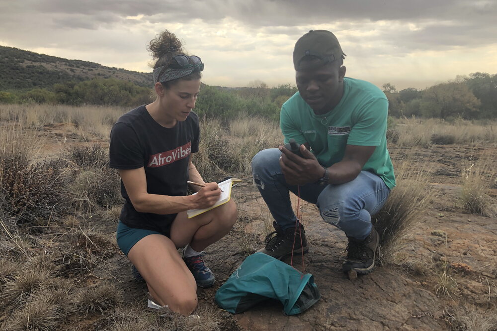 A man and a woman working in a dry landscape